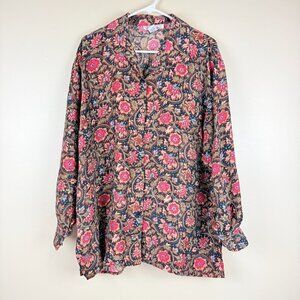 Stunt Collections 100% Silk Button Front Blouse Women’s Size L Floral Pais